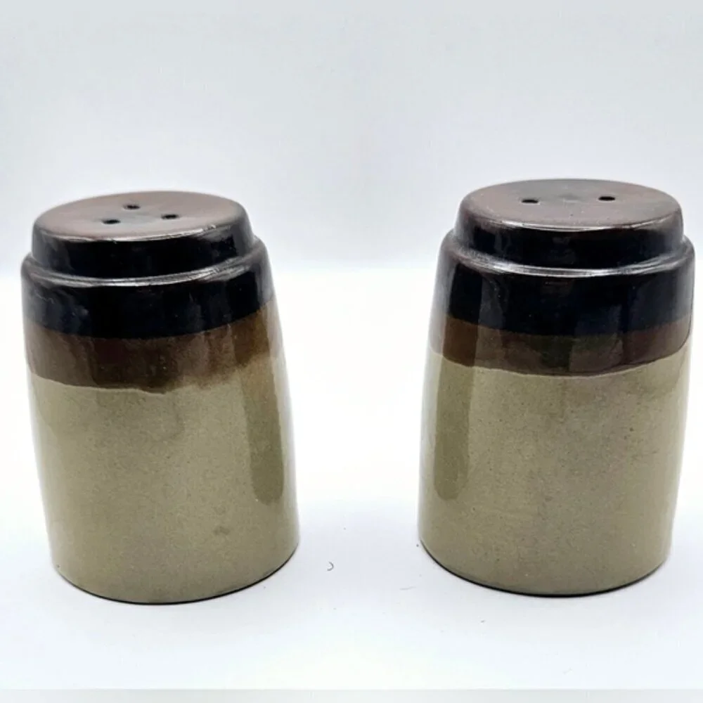 Vintage 1970's Salt & Pepper Shakers Stoneware Brown & Tan Complete with Wicker